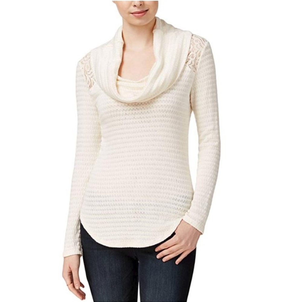 Maison Jules Cowl-Neck Lace Sweater White Cream